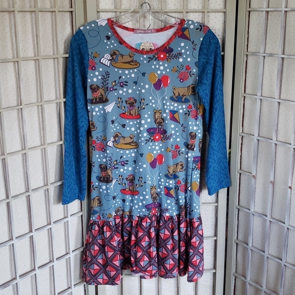 Jelly the pug long sleeve dress and pull on pants set size 14 new